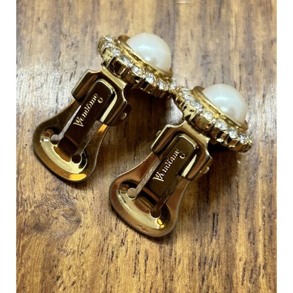 Vintage Vendome Signed Clip On Earrings Faux Pearl Rhinestone - Picture 4 of 5